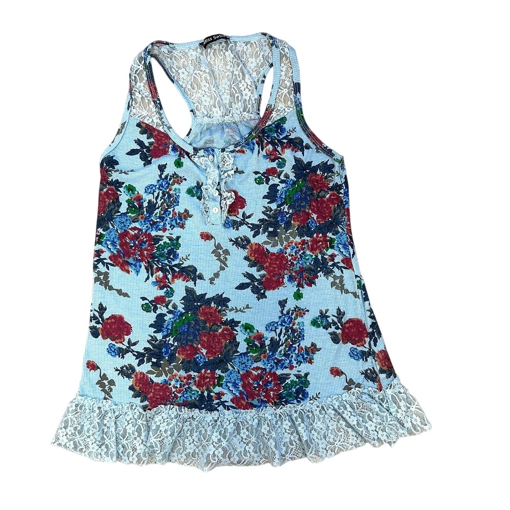 Miss SaSa Blue Floral Lace Trim Tank Top Racerback Henley Coquette Cottagecore L
